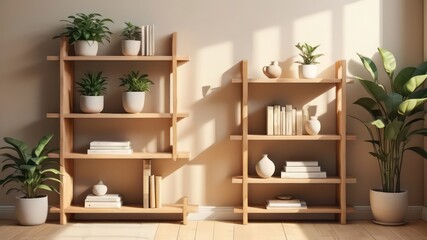 Light wooden shelving units displaying books, plants, and decorative pottery in a room with sunlight illuminating the soft, neutral colored walls