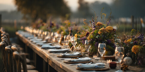 Elegant Long Wooden Table Set for Harvest Festival Dinner Gathering at Sunset with Floral Centerpieces