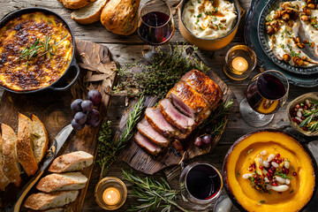 Harvest Festival Dinner Table Displaying Roasted Meat, Creamy Dishes, Fresh Bread, and Wine