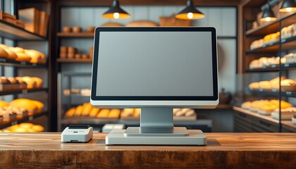 A modern point-of-sale system sits on a wooden counter in a bakery with shelves of pastries in the background.
