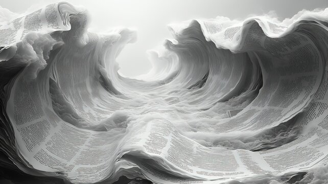 Torn novel pages in wind tunnel flow with typography streamlines and literary fluid dynamics