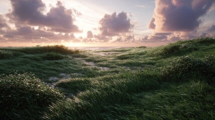 Lush grassy dunes at sunset