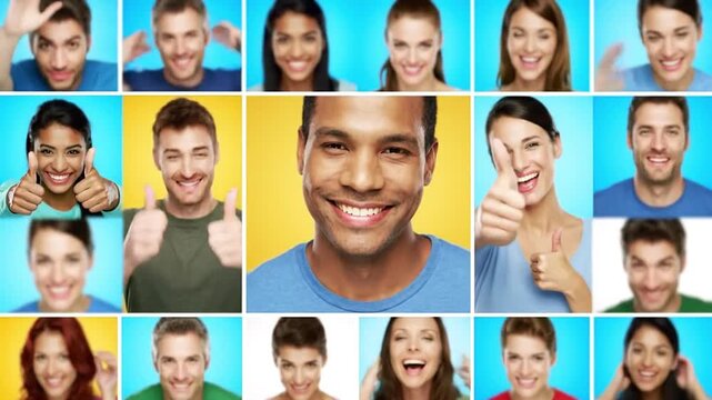 Collage of smiling faces with thumbs up various backgrounds multiple ethnicities and blurredfocused subjects