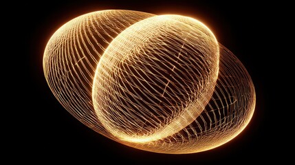 Two golden, overlapping spheres with intricate, radiating lines against a black background