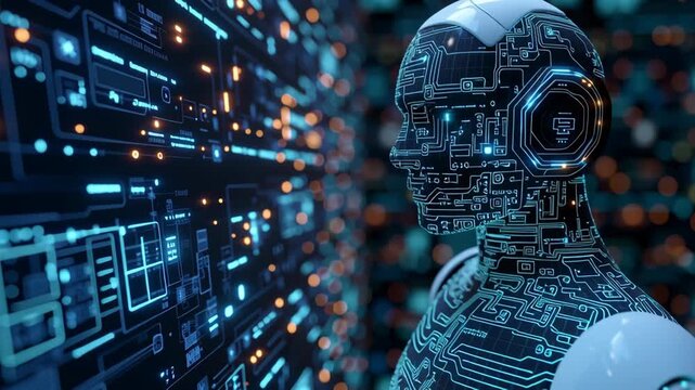Futuristic Robot with Digital Circuits and Glowing Interface AI Technology Integration and Advancement in Sci Fi Atmosphere