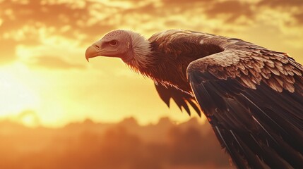 A close-up of a vulture gliding effortlessly through the air during sunset.