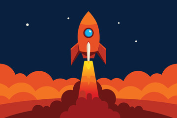  a dynamic illustration of an orange rocket blasting off into space, leaving a trail of fire and smoke against a dark starry sky vector illustration