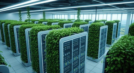 Green Data: Sustainable Computing. A server room or data center where each server rack is covered in lush green plants and foliage. 