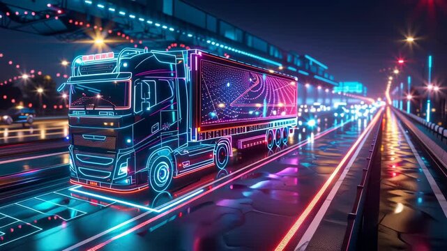 Futuristic Driverless Truck on Neon Lit Smart Road at Night with Holographic Traffic Elements and Vibrant Colors