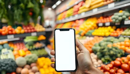 A hand holding a smartphone with a blank screen in front of a produce section of a grocery store.