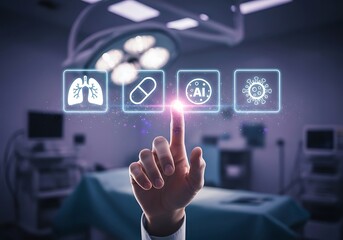 Hand touching a futuristic medical interface with icons for health and ai