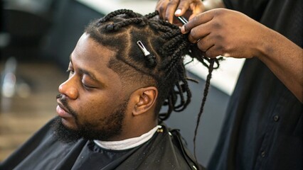 Closeup of African American Man Getting Dreadlocks Styled in Urban Salon Perfect for Hair Culture Theme