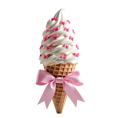3d illustration of a Ice cream cone with bow, summer food, isolated on white. Generative AI