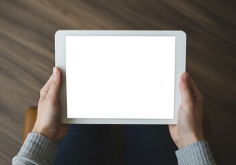 Hands holding a white tablet computer with a blank screen