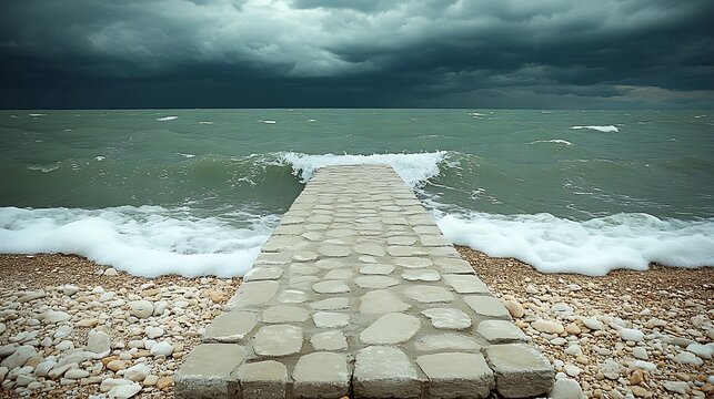 Stone pier reaching into a stormy sea.