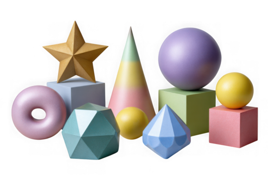 Collection of geometric shapes with shimmering metallic finish isolated on transparent background