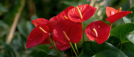 Vibrant anthurium blossoms with glossy red petals amidst lush green foliage in a tranquil setting. 