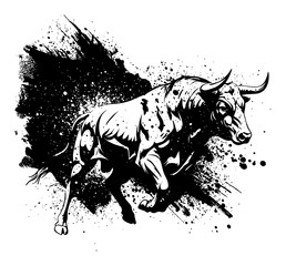 Powerful Bull Running with Horns Charging Dynamic Black and White Drip Splat Abstract Art