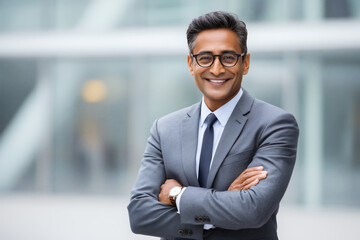 Fototapeta premium Portrait of a professional Indian businessman standing crossed arms outside office building