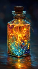 A square glass bottle with a cork stopper contains glowing orange and blue liquid, resembling magical potion;  sitting on a reflective surface