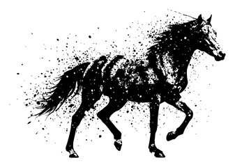 Detailed Horse Running Galloping Dynamic Motion Black and White Drip Splat Abstract Art