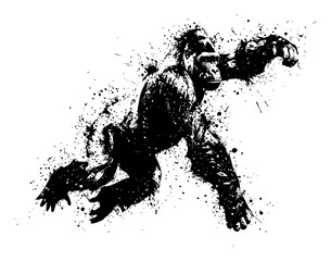 Fototapeta premium Powerful Gorilla Jumping Forward with Dynamic Motion Black and White Drip Splat Abstract Art