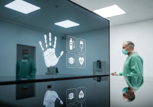 Doctor interacts with futuristic medical holographic interface displaying biometrics