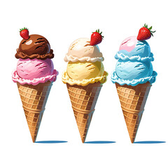 Three ice cream cones with different flavors and colors, isolated on a transparent background. Generative AI