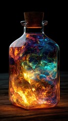 A square glass bottle with a cork stopper contains swirling, vibrant, multicolored liquid resembling fire and nebulae, sitting on a dark wooden surface against a black background