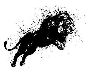 Dynamic Lion Jumping Front View with Abstract Ink Splatter Effect Black and White Drip Splat Abstract Art