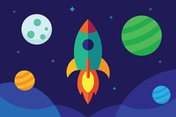 Naklejka premium a vibrant flat illustration of a teal and orange rocket ship soaring through a dark blue galaxy filled with planets, moons, and stars, representing space exploration and adventure vector illustration