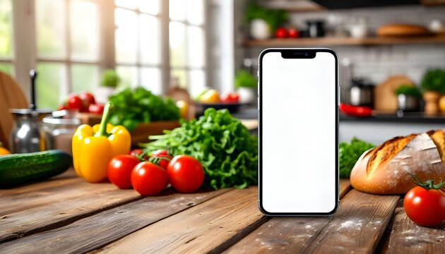 Modern smartphone with blank screen displayed on a wooden kitchen table surrounded by fresh produce and baked goods.