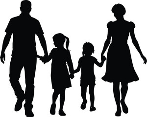 happy family silhouette walking hand in hand with parents and two children