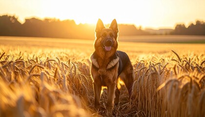 Guard Dog Standing Tall in Golden Wheat Field