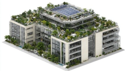 Eco-friendly office building with rooftop gardens