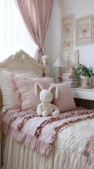 cottagecore kids room full view, pastel pink and cream, carved bed with ruffle blanket, plush bunny, lace curtains, embroidered wall decor