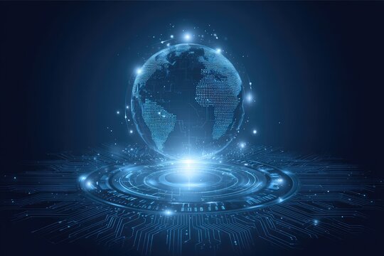 A stylized Earth globe hovers above a glowing, circuit-board-like platform, surrounded by digital particles, suggesting global connectivity and technological advancement
