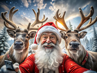 Santa claus takes a selfie with his reindeer in a snowy winter wonderland