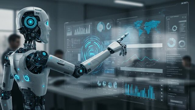 Future Automation AI Robot Analyzing Data on Transparent Screens in a High-Tech Office