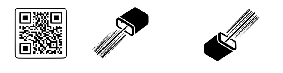 Electronic components icon set featuring a QR code and transistor outlines isolated on a white background for design.