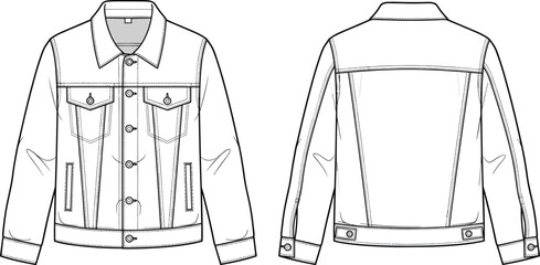 Vector fashion technical sketch of denim jacket, front and back view, detailed CAD drawing, flat sketch illustration, garment design © Biplob Creatives