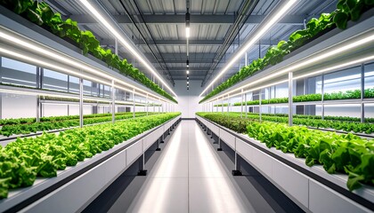 Wide-angle view of indoor vertical farm with LED grow lights, rows of hydroponic greens, and a visible irrigation system, showing modern agri-tech setup.