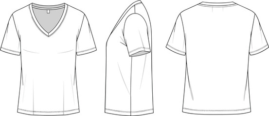 V-neck short sleeve t-shirt technical flat sketch, fashion CAD template, front side back view, vector apparel illustration, unisex clothing