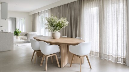 modern scandi open plan, oval oak dining table, white molded chairs, linen curtains, pale micro cement floor, diffused daylight