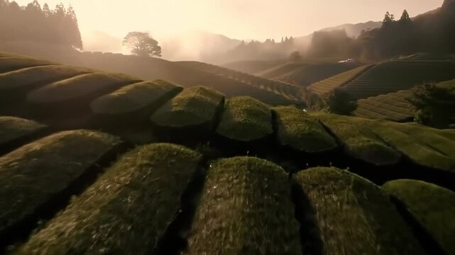 Green terraced tea fields under a misty sky rolling hills in background