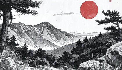 Majestic Japanese Mountain Landscape with a Red Sun