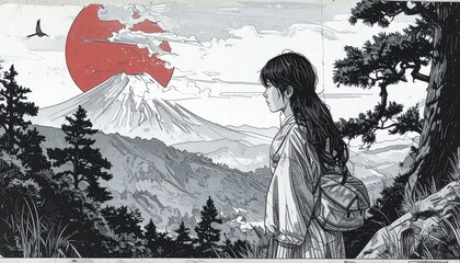 Majestic Japanese Mountain Landscape with a Red Sun