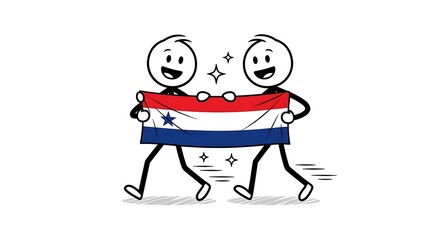 Cheerful Stick Figures Carrying the Flag of Panama with Joyful Expression