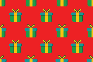  seamless pattern of green and blue gift boxes with yellow ribbons on a red background, perfect for christmas and holiday wrapping paper vector illustration