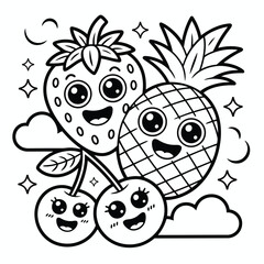 Obraz premium Vector illustration of adorable cartoon fruit characters including strawberry pineapple and cherries smiling cheerfully